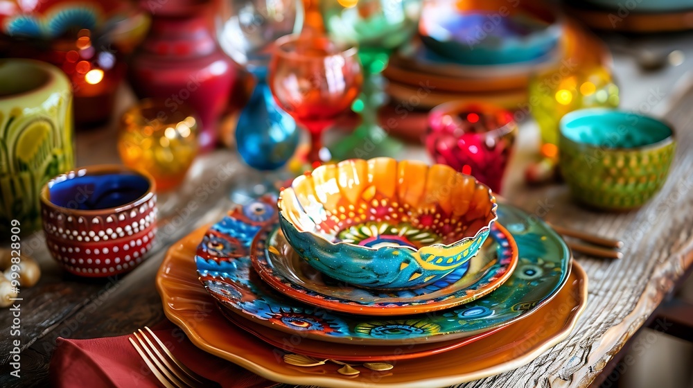 festive table setting from multi colored ceramic dishes festive table setting from multi colored ceramic dishes