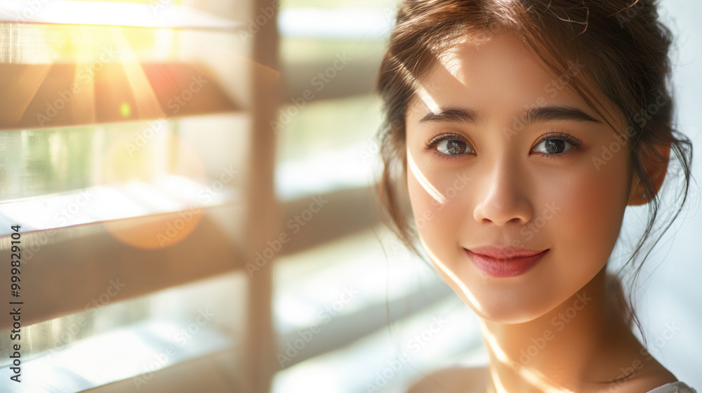 Smiling woman with natural makeup standing near window with sunlight Smiling woman with natural makeup standing near window with sunlight
