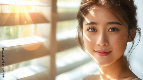 Smiling woman with natural makeup standing near window with sunlight Free Download Smiling woman with natural makeup standing near window with sunlight - GFXLoad