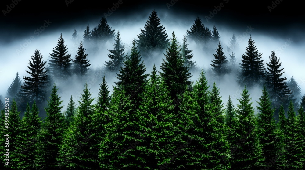Fototapeta premium Mystical forest with dense green trees shrouded in fog and shadows.
