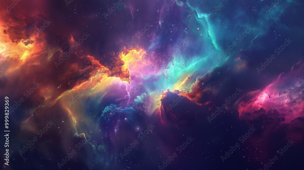 Obraz premium A colorful space scene with a mix of red, blue, and yellow clouds