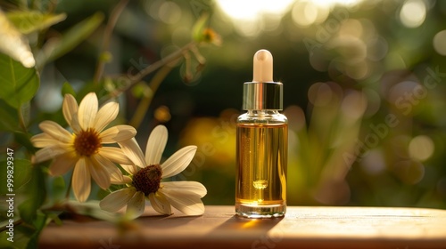 A bottle of essential oil is on a wooden table next to a bunch of flowers