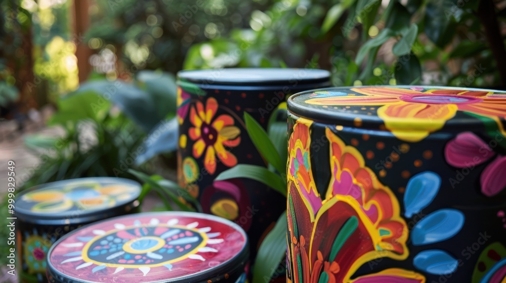 Colorful Painted Barrels in a Garden Setting Colorful Painted Barrels in a Garden Setting