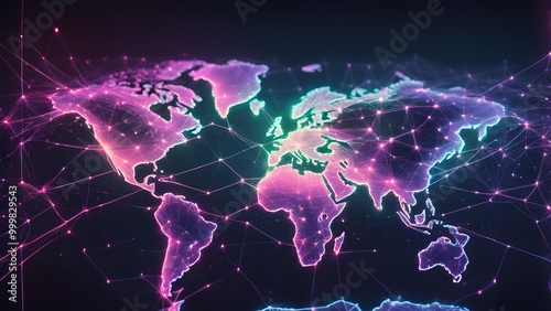 A glowing, futuristic, neon world map with connected lines representing global network and communication.