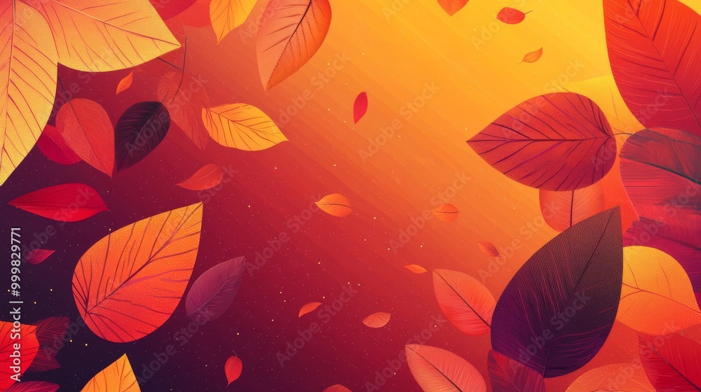 Vibrant Autumn Leaves Falling Against Orange Background Vibrant Autumn Leaves Falling Against Orange Background