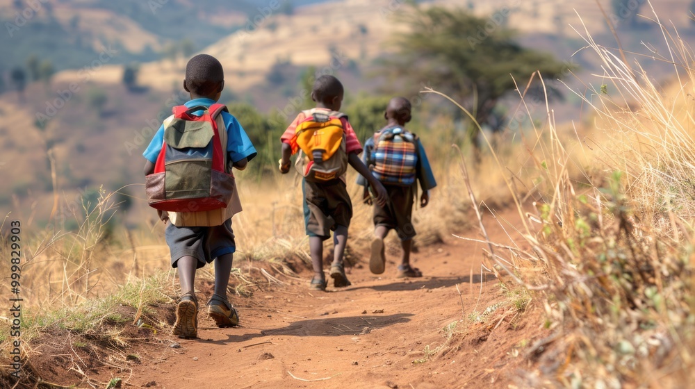 Fototapeta premium equality education volunteer service concept picture of poor African students walking along dirt path to school at Africa