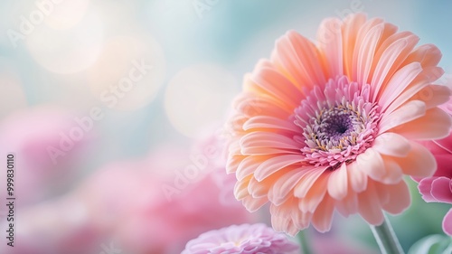A close-up view of vibrant pink and peach flowers, showcasing their delicate petals and lush greenery. The soft background enhances their beauty, creating a dreamy atmosphere.