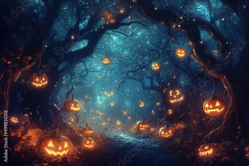 Scary beautiful halloween illustration. Background, poster, pumpkins, twilight forest, castle, bats. Mysterious and mystical 