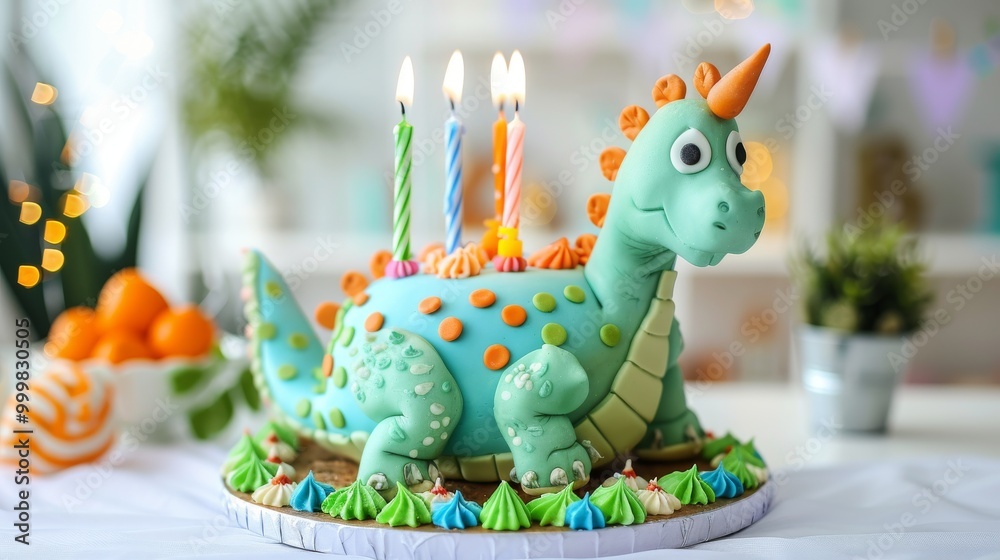Fototapeta premium A green dinosaur cake with three candles on it