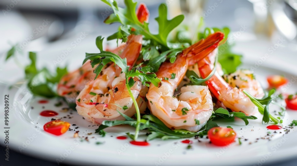 A plate of shrimp and greens with a red sauce A plate of shrimp and greens with a red sauce