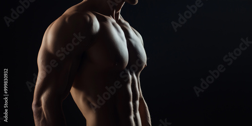 Muscular male torso with defined abs and muscular arms, showing fitness and strength in a dramatic low-light setting with a dark background