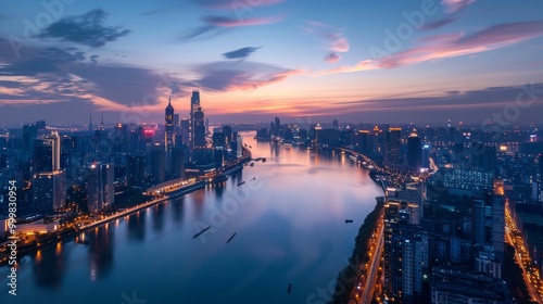 A city skyline with a river running through it