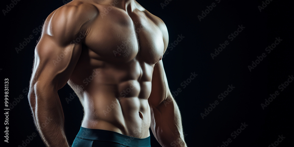 Muscular male torso with defined abs and muscular arms, showing fitness and strength in a dramatic low-light setting with a dark background Muscular male torso with defined abs and muscular arms, showing fitness and strength in a dramatic low-light setting with a dark background