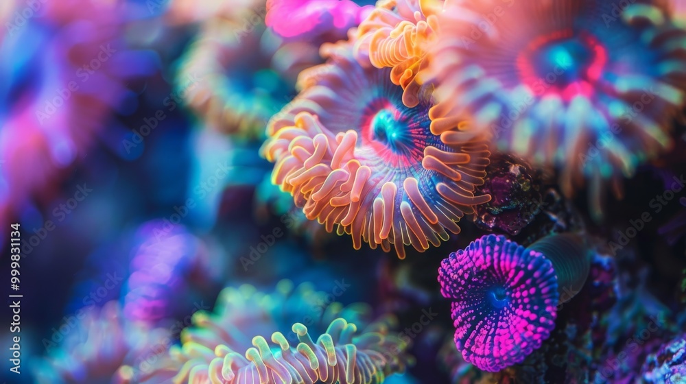 A colorful display of sea anemones and other sea creatures A colorful display of sea anemones and other sea creatures