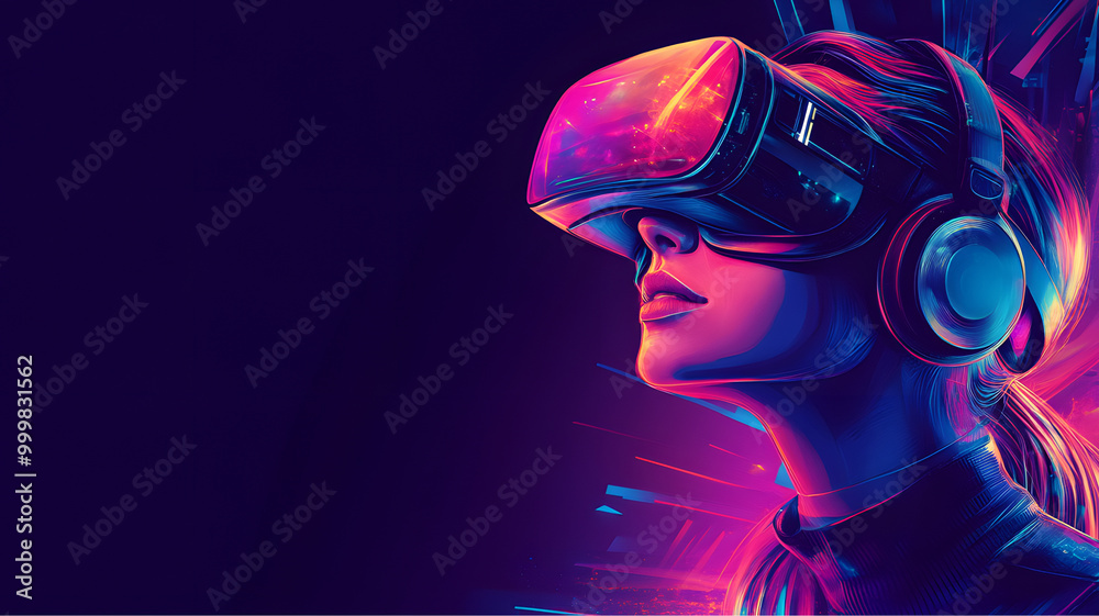 woman with vr glasses, digital background, technological background woman with vr glasses, digital background, technological background