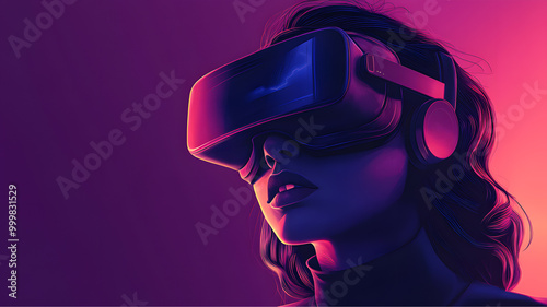 woman with vr glasses, digital background, technological background