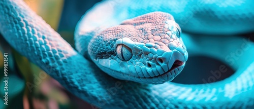 A close-up of a colorful snake, showcasing intricate scales and a captivating gaze, set against a vibrant backdrop of blues and greens. photo