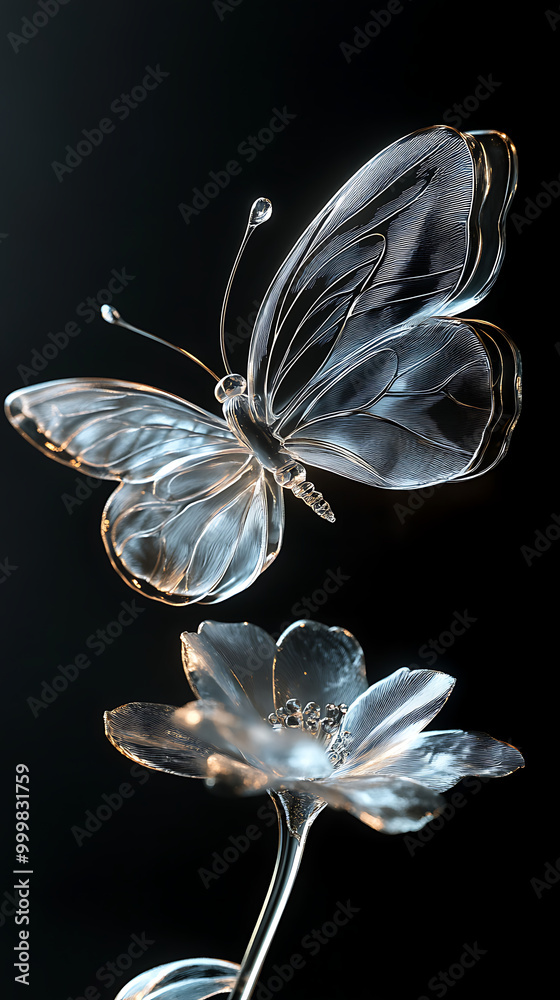 Photorealistic 3D Rendering of a Transparent Glass Butterfly Landing on ...