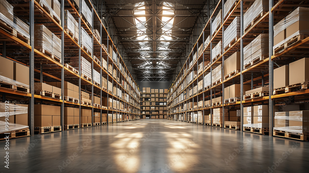 A spacious warehouse filled with neatly stacked boxes on shelves, illuminated by natural light, creating a functional and organized storage environment. A spacious warehouse filled with neatly stacked boxes on shelves, illuminated by natural light, creating a functional and organized storage environment.
