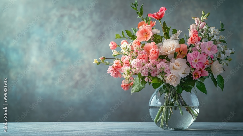 Elegant spring flowers arranged in a clear vase, with an open, neutral background offering copy space Elegant spring flowers arranged in a clear vase, with an open, neutral background offering copy space
