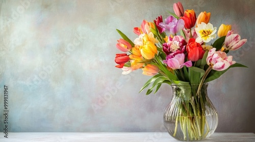 Elegant spring flowers arranged in a clear vase, with an open, neutral background offering copy space