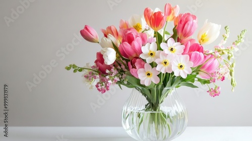 Wallpaper Mural Elegant spring flowers arranged in a clear vase, with an open, neutral background offering copy space Torontodigital.ca