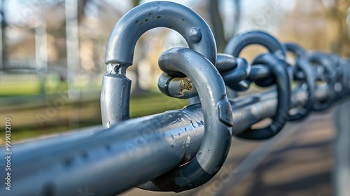 gray steel chain on the barrier pipe on a fence in the street