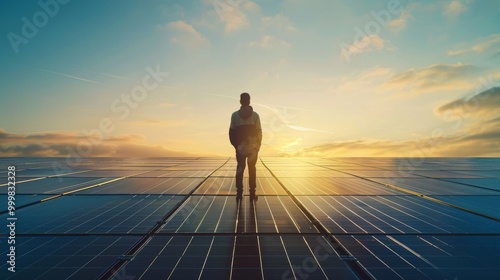 A man stands on a solar panel, looking out at the sunset