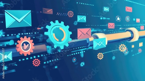 Emails flowing through a digital pipeline with automation gears and spam filters, symbolizing effective email campaign management