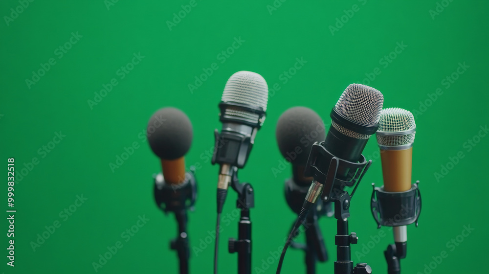 Microphones prepared for press conference green background Microphones prepared for press conference green background