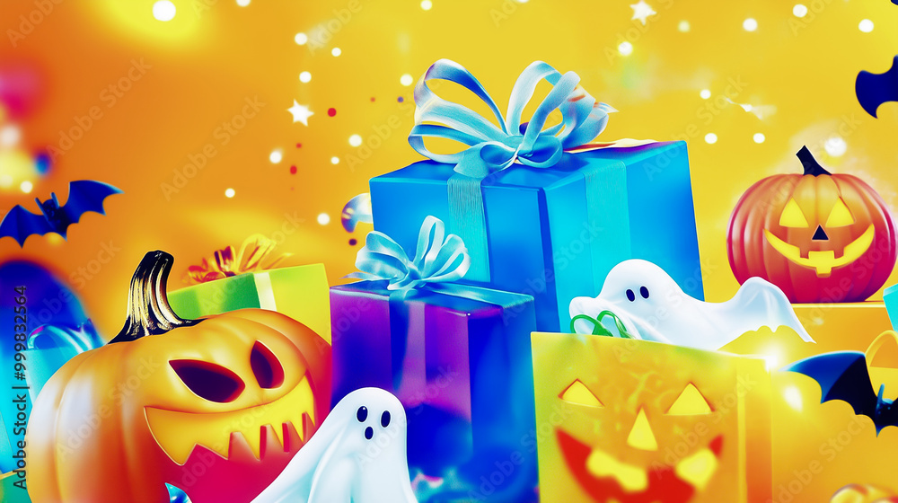 Naklejka premium This vibrant Halloween banner showcases an array of colorful gifts alongside cheerful pumpkins and playful ghosts, creating a festive atmosphere for holiday promotions