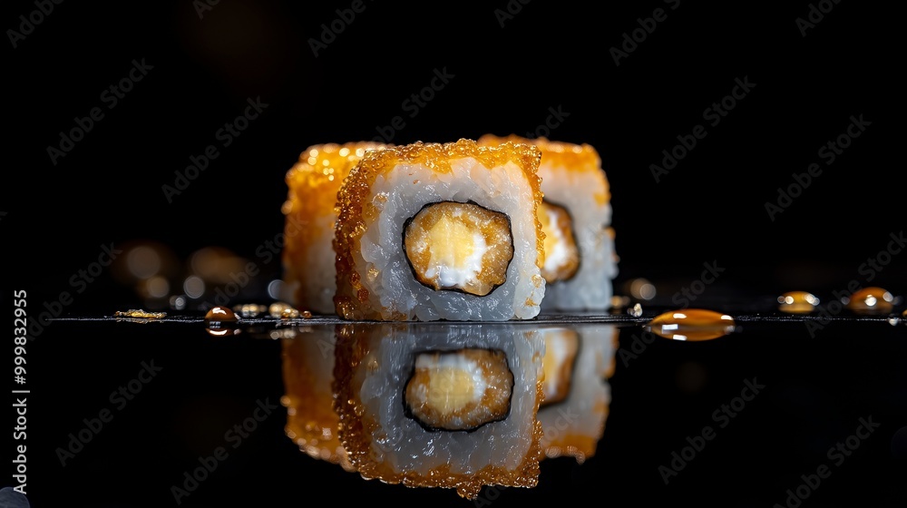 Golden tempura sushi roll with a crispy texture dipped in soy sauce, captured in a minimalist setting for a clean, modern dining look Golden tempura sushi roll with a crispy texture dipped in soy sauce, captured in a minimalist setting for a clean, modern dining look