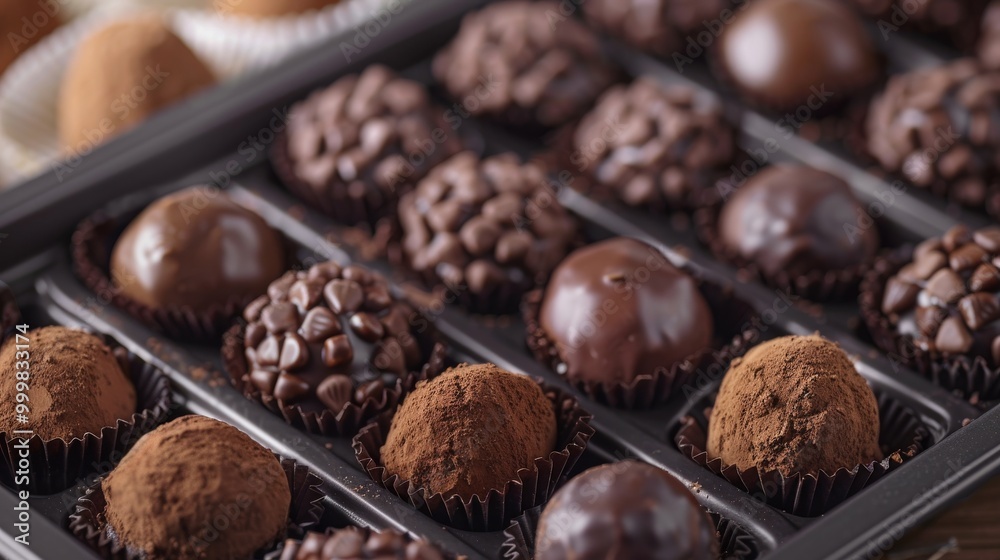 A tray of assorted chocolate truffles with a variety of toppings A tray of assorted chocolate truffles with a variety of toppings