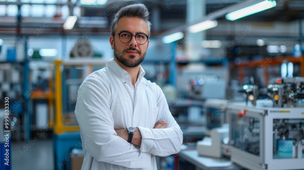 A man in a white lab coat stands in front of a machine A man in a white lab coat stands in front of a machine