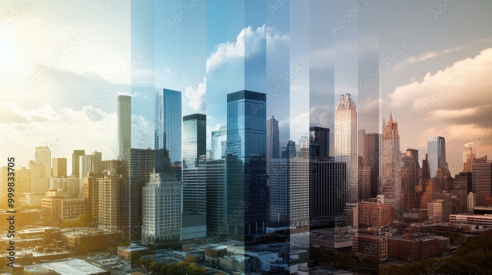 Obraz premium A vibrant city skyline showcases modern skyscrapers under a dramatic sky, blending architectural beauty with a colorful atmosphere.