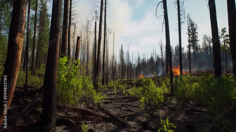 A scorched forest landscape shows burnt trees with green underbrush, indicating recent wildfire activity and regrowth. A scorched forest landscape shows burnt trees with green underbrush, indicating recent wildfire activity and regrowth.