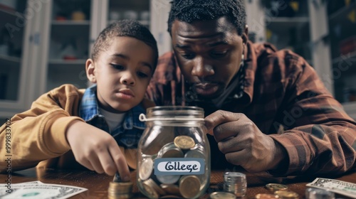 A man and a boy are sitting at a table with a jar full of coins