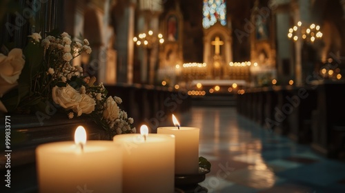 Flickering candles near a grand church altar, creating a calm and spiritual ambiance within the sacred space.