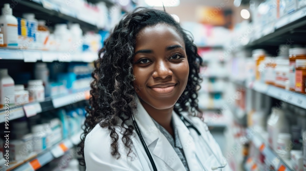 A woman in a white coat stands in a pharmacy aisle smiling A woman in a white coat stands in a pharmacy aisle smiling