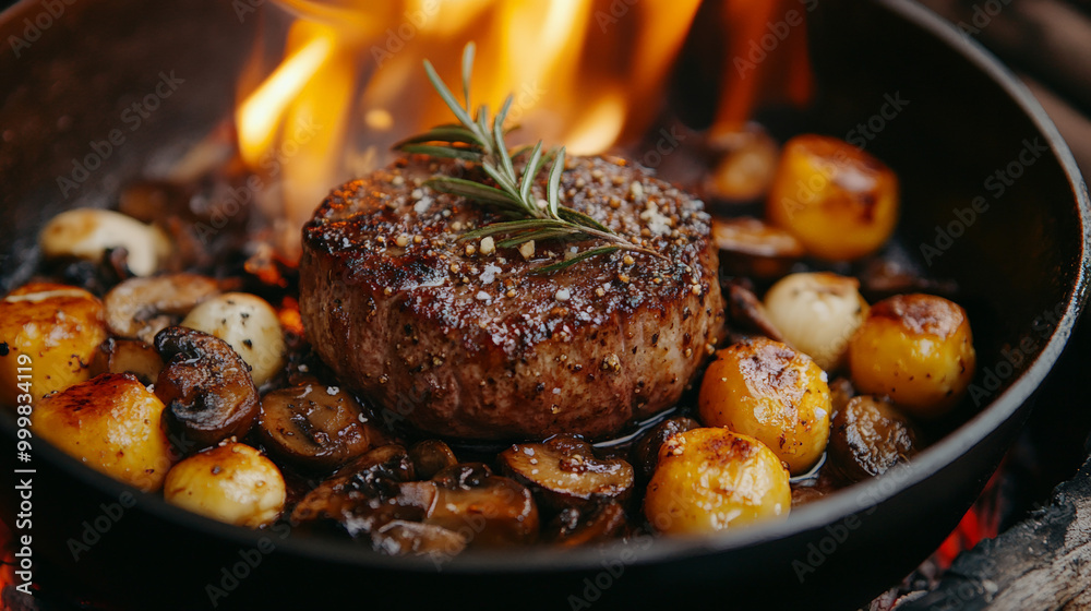 Filet mignon over a flaming campfire Filet mignon over a flaming campfire