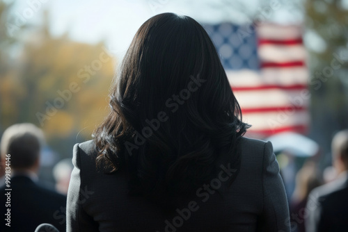 Female politician from the back, public speaking, american flag in the background