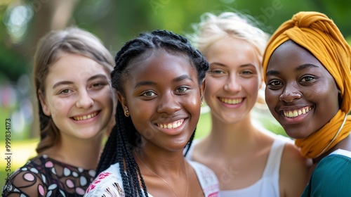 Friendly young women from different ethnic backgrounds, standing closely and smiling