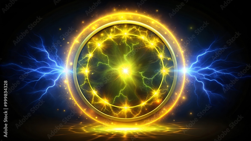 Obraz premium Abstract golden energy circle with electric arcs on a dark background.