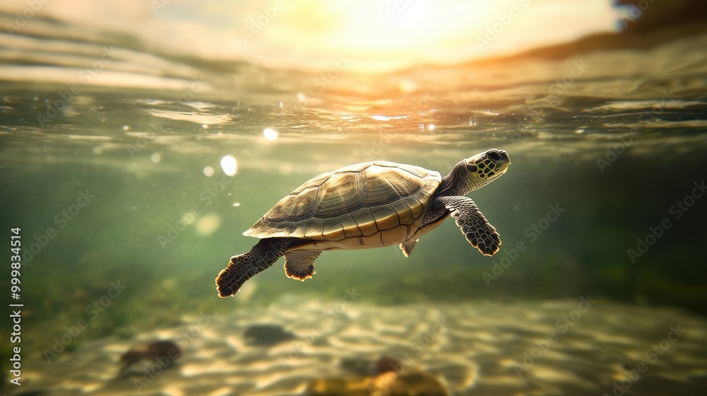 Obraz premium A turtle swims gracefully under water with sunlight filtering through, creating a serene and beautiful aquatic scene.
