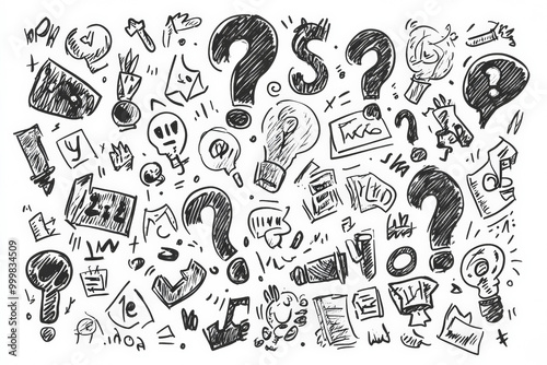 Doodles of question marks and other quiz related symbols and doodles. black ink on white background