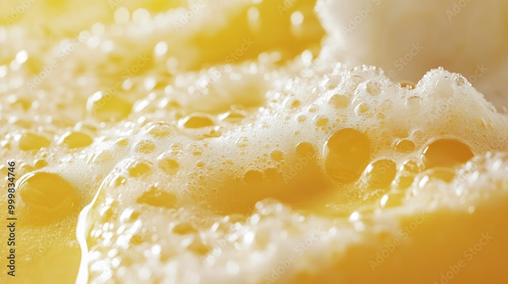Frosty yellow beer with a thick foam top, close-up shot of the foamy white bubbles and golden liquid Frosty yellow beer with a thick foam top, close-up shot of the foamy white bubbles and golden liquid