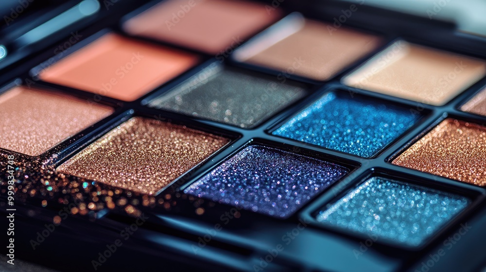 Close-up of a luxurious eyeshadow palette with metallic details, no branding, focused on the rich color range, no people. Close-up of a luxurious eyeshadow palette with metallic details, no branding, focused on the rich color range, no people.