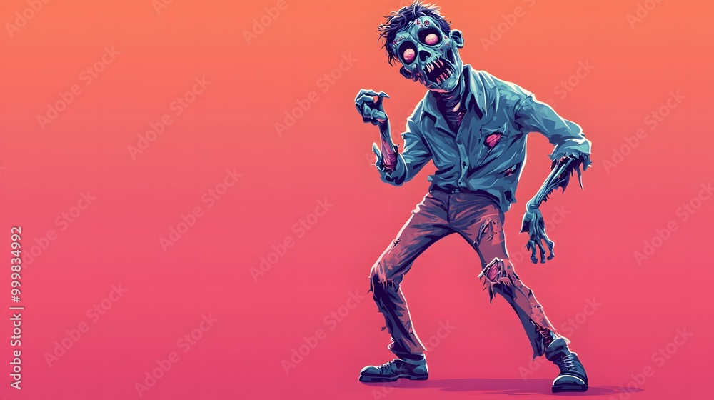 A stylized cartoon zombie in a tattered shirt and pants, striking a playful pose. A stylized cartoon zombie in a tattered shirt and pants, striking a playful pose.