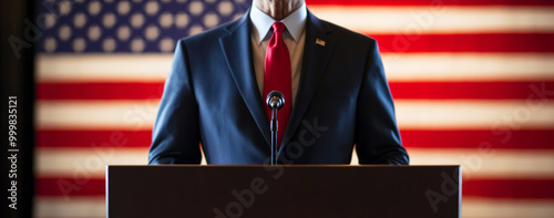 Close up of a politician giving a speech at a podium, wearing a suit and tie looking out to the audience during a political meeting event, with an American flag background photo