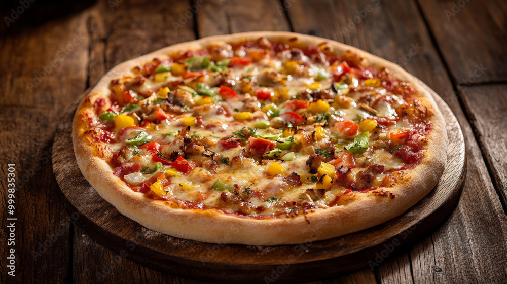 A freshly baked pizza with bubbling cheese and vibrant toppings, set on a rustic wooden table with warm, inviting lighting--mouth-watering and irresistibly delicious A freshly baked pizza with bubbling cheese and vibrant toppings, set on a rustic wooden table with warm, inviting lighting--mouth-watering and irresistibly delicious